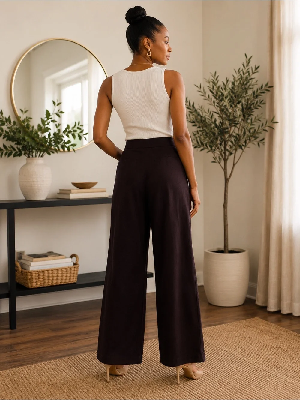 H&M  100 % Linen Wide Leg Chocolate Brown  High-Rise Pants